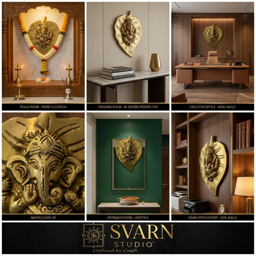 Svarn Studio Brass Patta Ganesh - Puja Room with wooden mandir and marigold garlands, Living Room console with lamp, macro close-up of face, Home Office/Study side angle, Bedroom wall setting
