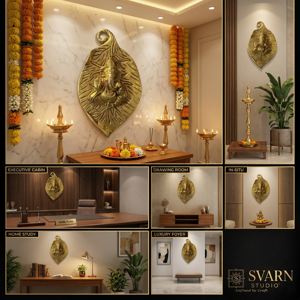 Svarn Studio Brass Ganesh Patta - Puja room with marigold garlands and close-up detail