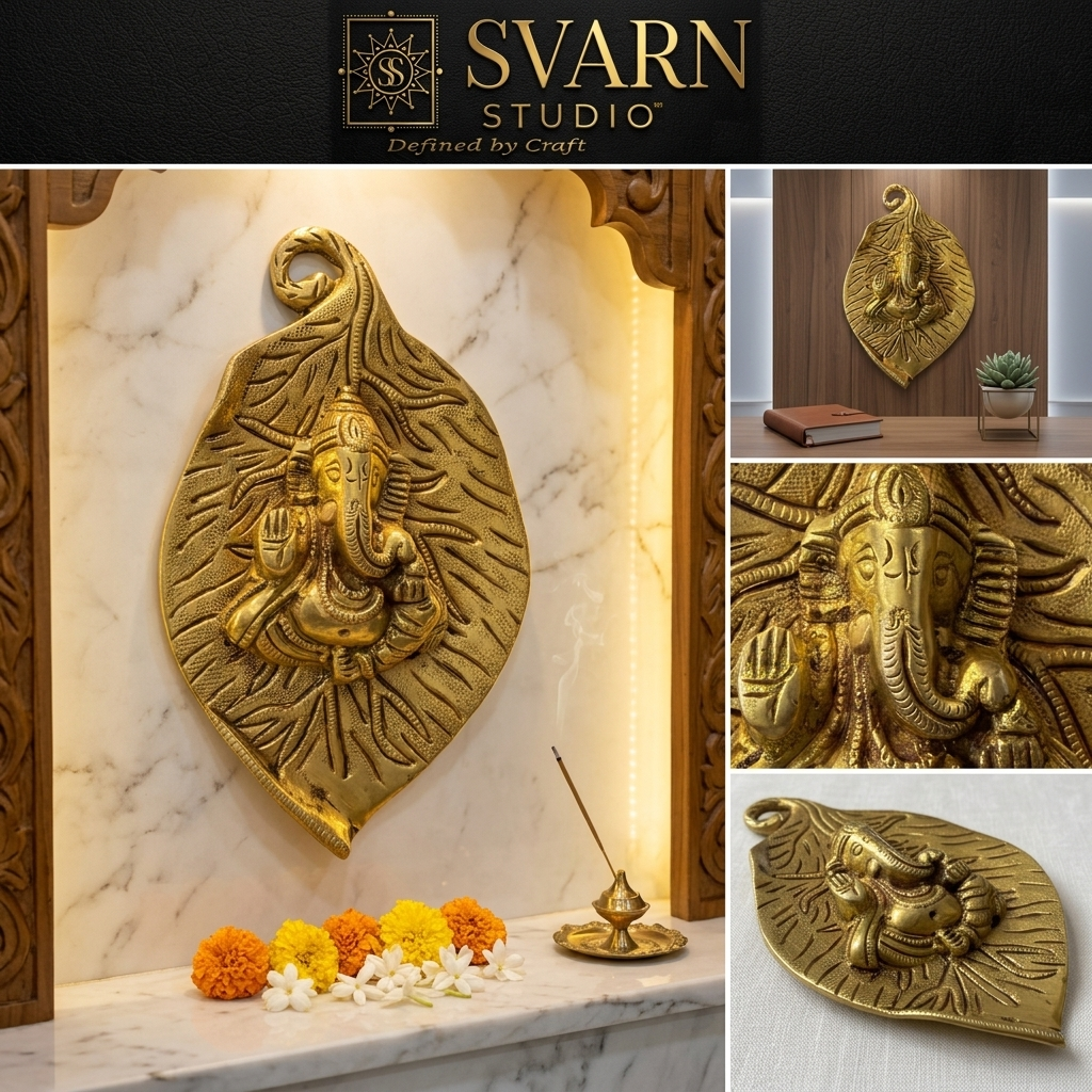 Svarn Studio Brass Ganesh Patta - Luxurious Pooja setting, macro detail, drawing room and foyer