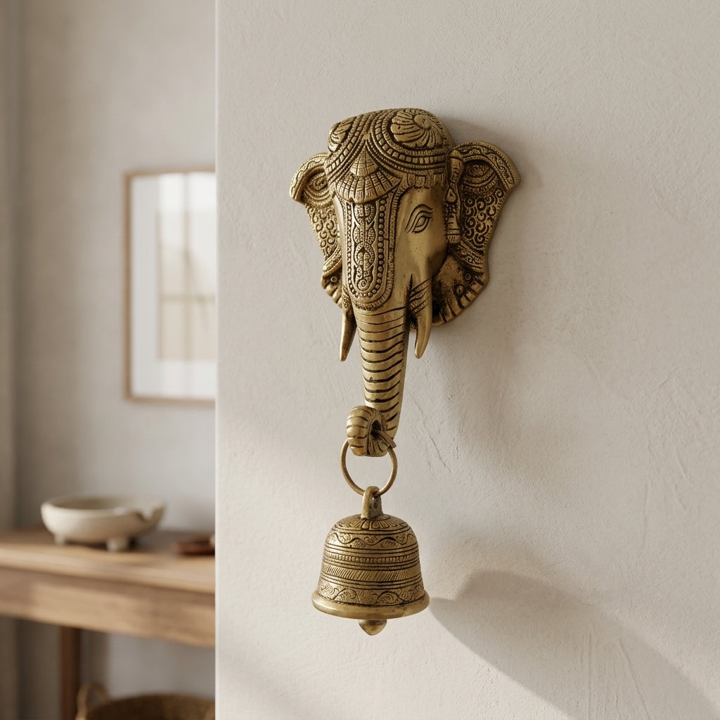 Svarn Studio Brass Ganesh Wall Hanging with Bell - Dimensions: 12.5 x 23 x 7 cm, weight: ~1.500 Kg
