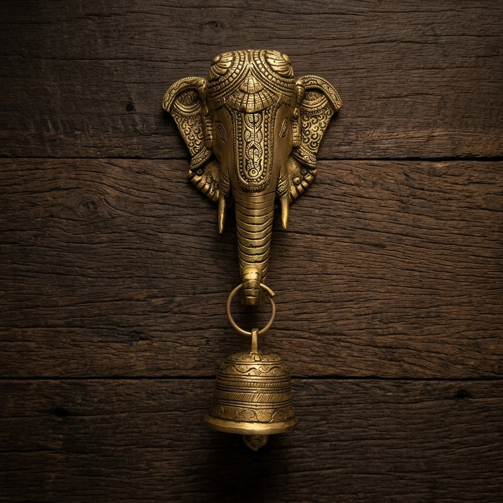 Svarn Studio Brass Ganesh Wall Hanging with Bell - Dimensions: 12.5 x 23 x 7 cm, weight: ~1.500 Kg