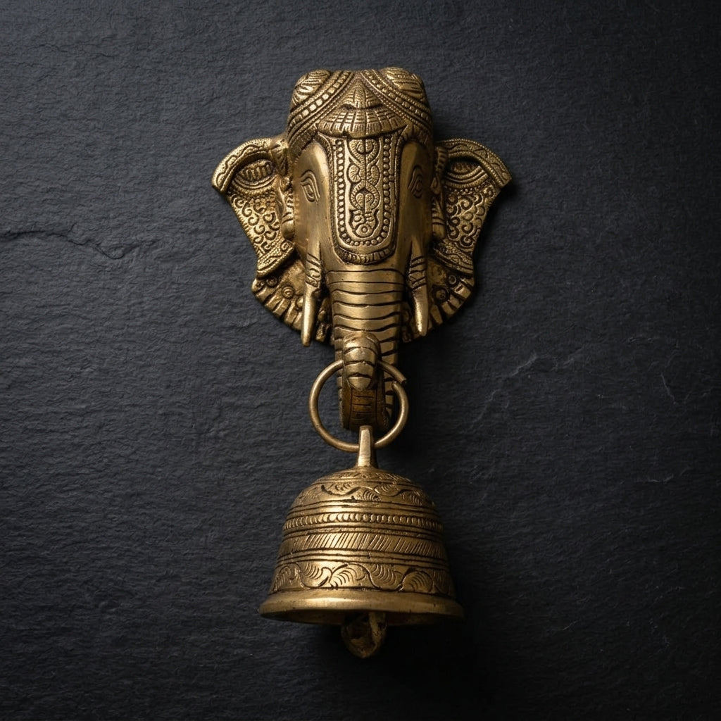 Svarn Studio Brass Ganesh Wall Hanging with Bell - Dimensions: 12.5 x 23 x 7 cm, weight: ~1.500 Kg