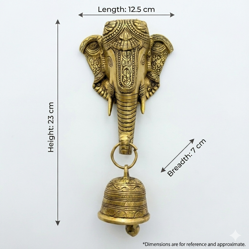 Svarn Studio Brass Ganesh Wall Hanging with Bell - Dimensions: 12.5 x 23 x 7 cm, weight: ~1.500 Kg