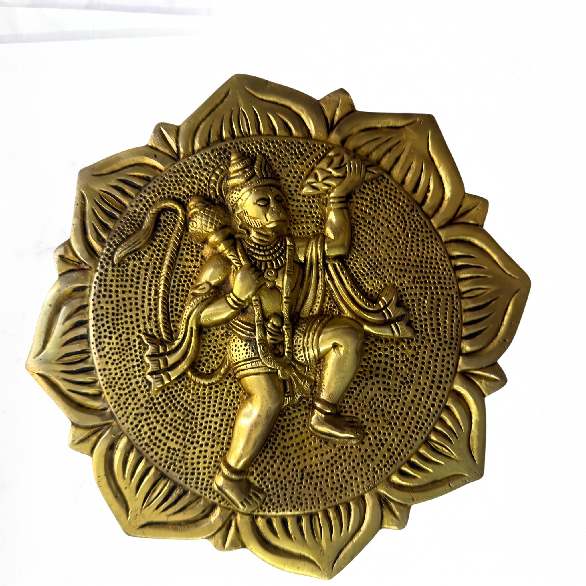Svarn Studio Brass Hanuman Plate - Front view on white background showing Veer Hanuman flying pose with Sanjeevani mountain within 12-petal lotus mandala and dot-work background