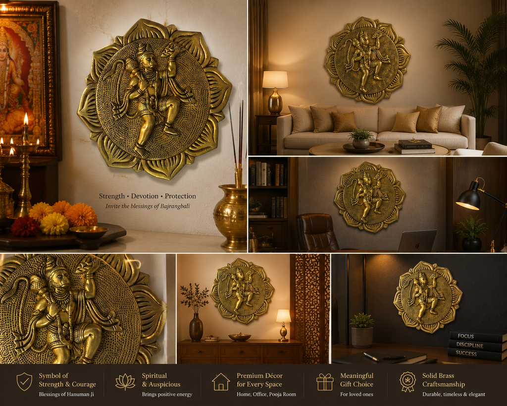 Svarn Studio Brass Hanuman Plate - Nine-panel lifestyle collage: Living Room console, Puja Room with brass diyas and marigolds, Executive Office bookshelf, Svarn Studio branding, Stone feature wall with lanterns, Meditation room with salt lamp, Home office desk