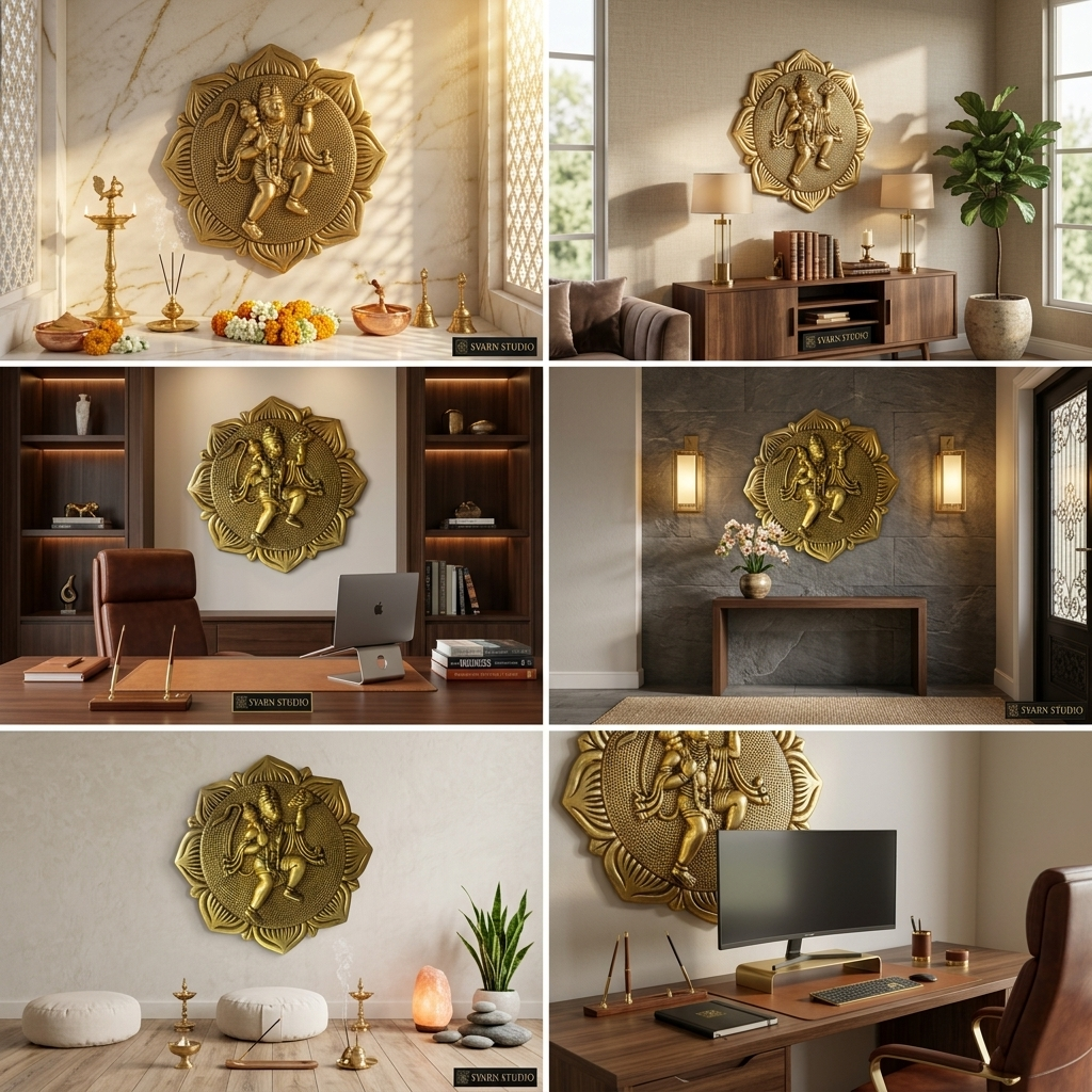Svarn Studio Brass Hanuman Plate - Six-panel lifestyle: Puja Room marble wall with marigolds and brass diyas, Living Room sideboard with Fiddle Leaf Fig, Executive Office bookshelf, Stone feature wall with lanterns, Meditation room with salt lamp, Home office desk