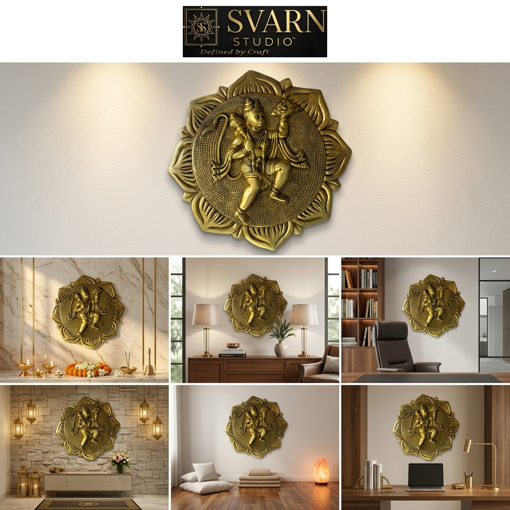 Svarn Studio Brass Hanuman Plate - Six-panel lifestyle: Puja Room marble wall with marigolds, Living Room sideboard with lamp, Executive Office bookshelf, Stone feature wall with lanterns, Meditation room with salt lamp, Home office desk