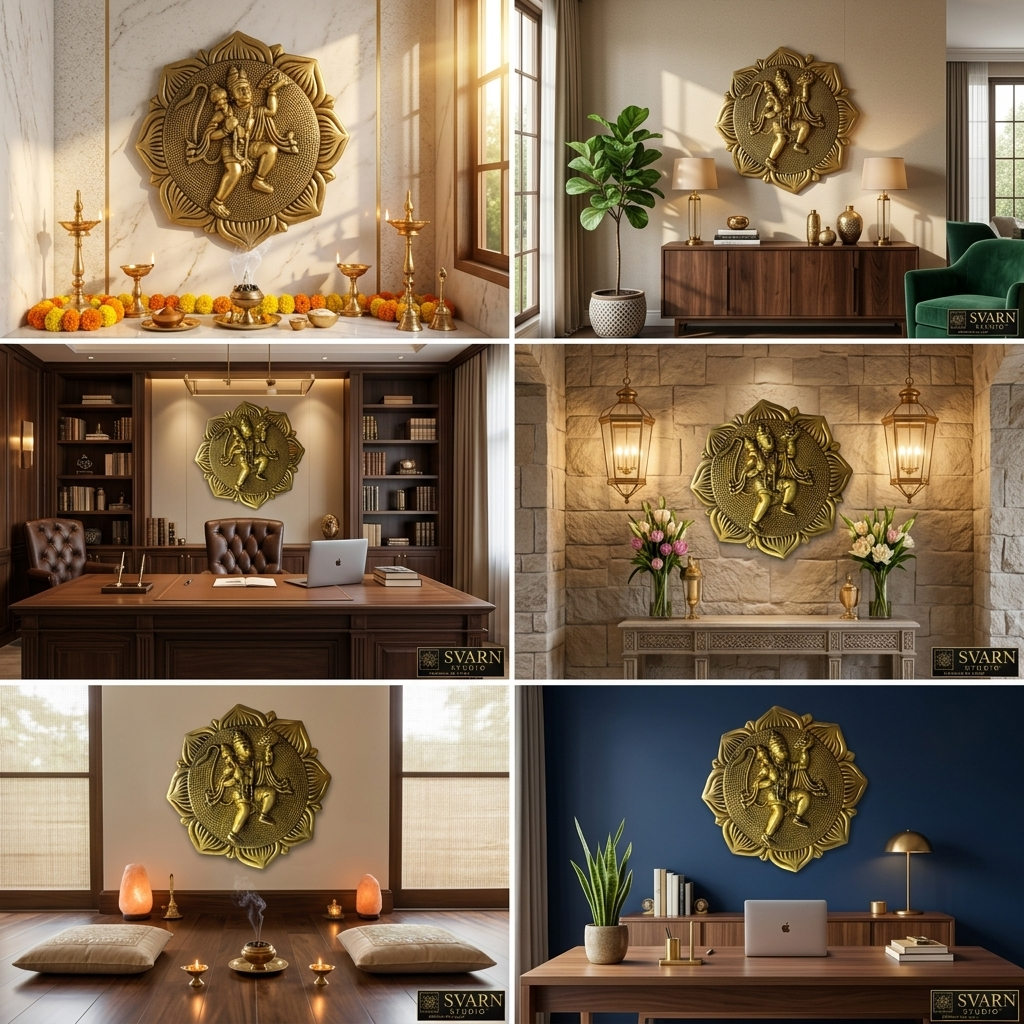Svarn Studio Brass Hanuman Plate - Six-panel lifestyle: Puja Room with brass diyas and marigolds, Living Room TV sideboard, Executive Office bookshelf, Stone feature wall with lanterns, Meditation room, Home office desk with macro close-up