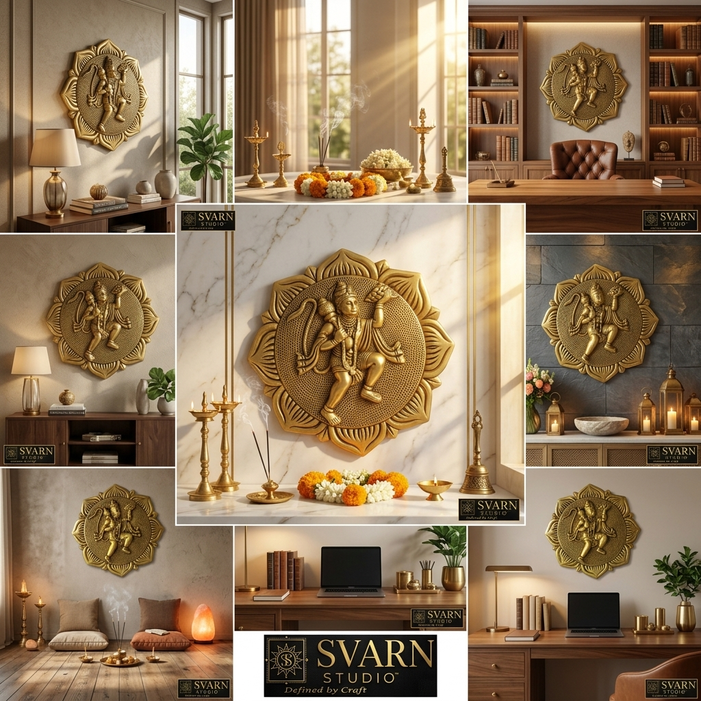 Svarn Studio Brass Hanuman Plate - Six-panel lifestyle: Puja Room with incense and marigolds, Living Room sofa wall, Executive Office bookshelf, Stone feature wall with lanterns, Meditation room with salt lamp, Home office desk