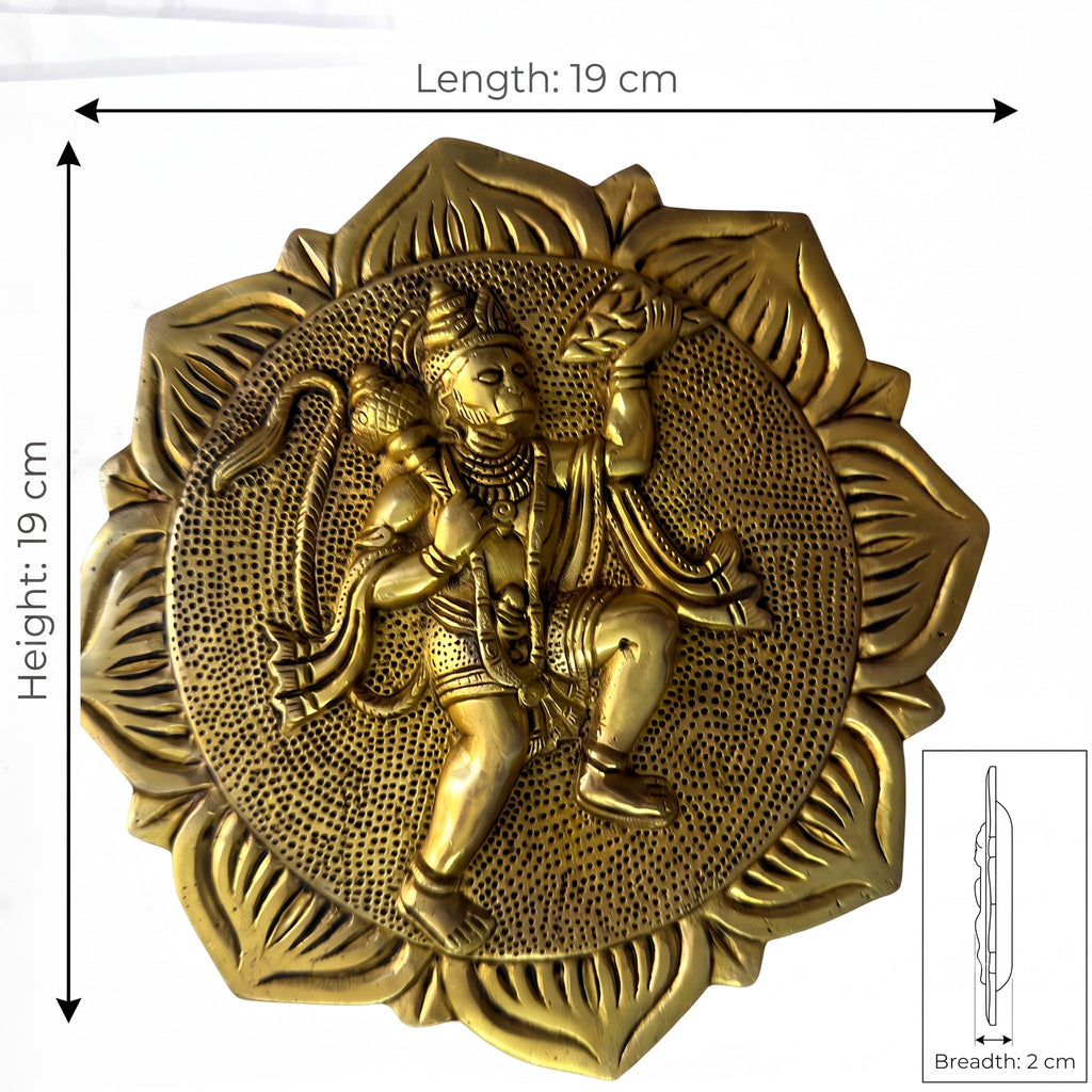 Svarn Studio Brass Hanuman Plate - Dimensions: Diameter 19cm, Depth 3cm with lifestyle settings and product features: Symbol of Strength and Courage, Spiritual and Auspicious, Premium Decor, Meaningful Gift, Solid Brass Craftsmanship