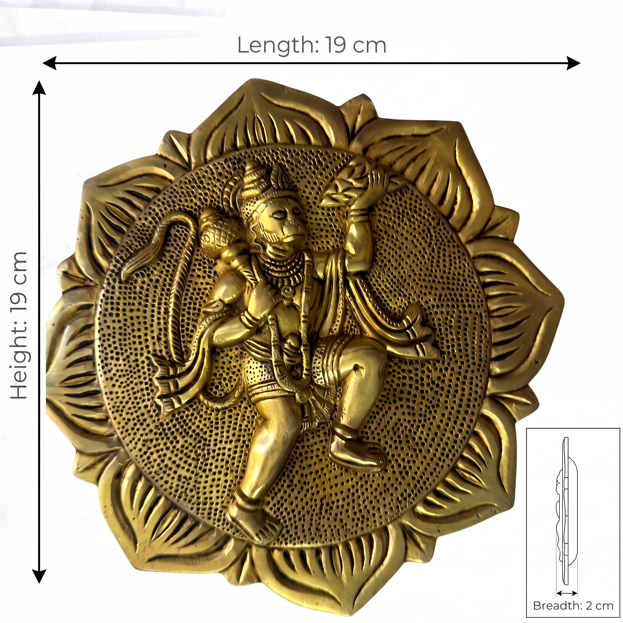 Svarn Studio Brass Hanuman Plate - Dimensions: Diameter 19cm, Depth 3cm with lifestyle settings and product features: Symbol of Strength and Courage, Spiritual and Auspicious, Premium Decor, Meaningful Gift, Solid Brass Craftsmanship