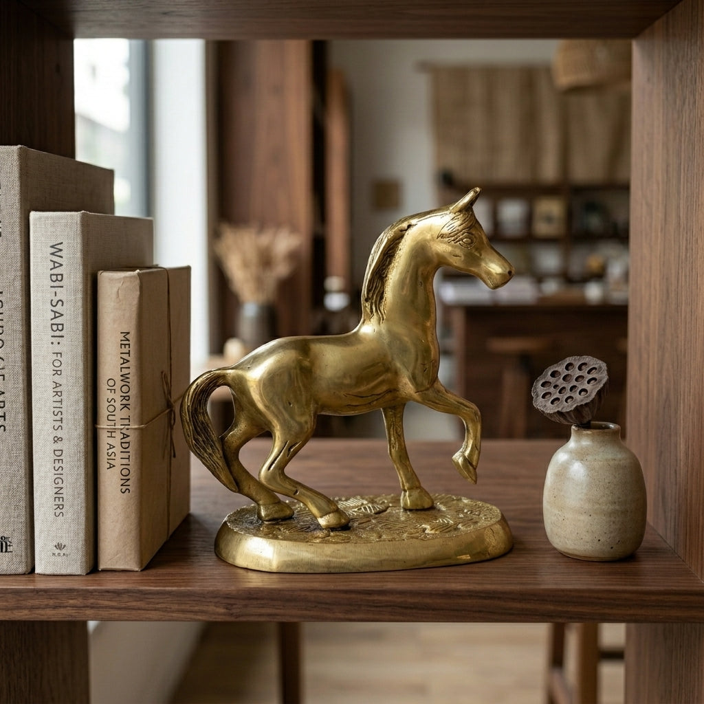 Svarn Studio Brass Trotting Horse Figurine on Base | Gold | 14 cm | Vastu Showpiece