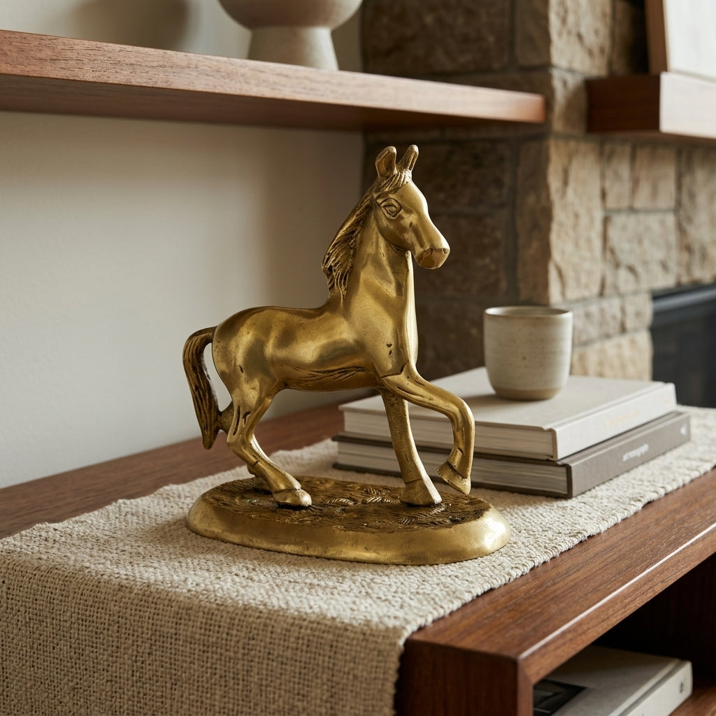 Svarn Studio Brass Trotting Horse Figurine on Base | Gold | 14 cm | Vastu Showpiece