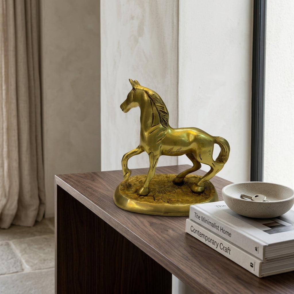 Svarn Studio Brass Trotting Horse Figurine on Base | Gold | 14 cm | Vastu Showpiece