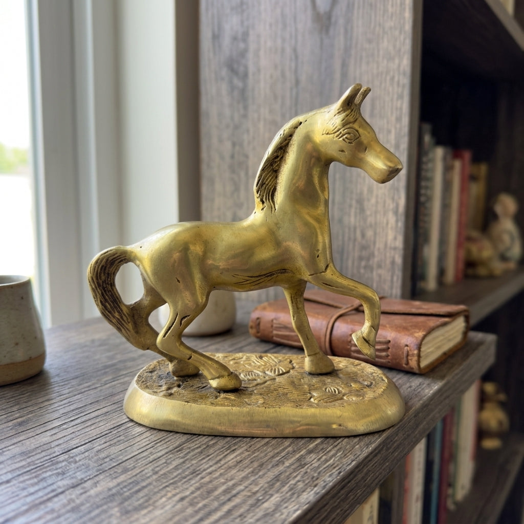 Svarn Studio Brass Trotting Horse Figurine on Base | Gold | 14 cm | Vastu Showpiece
