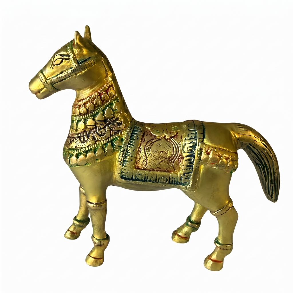 Svarn Studio Brass Horse Figurine, Antique Gold, Meenakari Detailing, Handcrafted, 13 x 12.5 cm, Vastu Showpiece for Home Décor