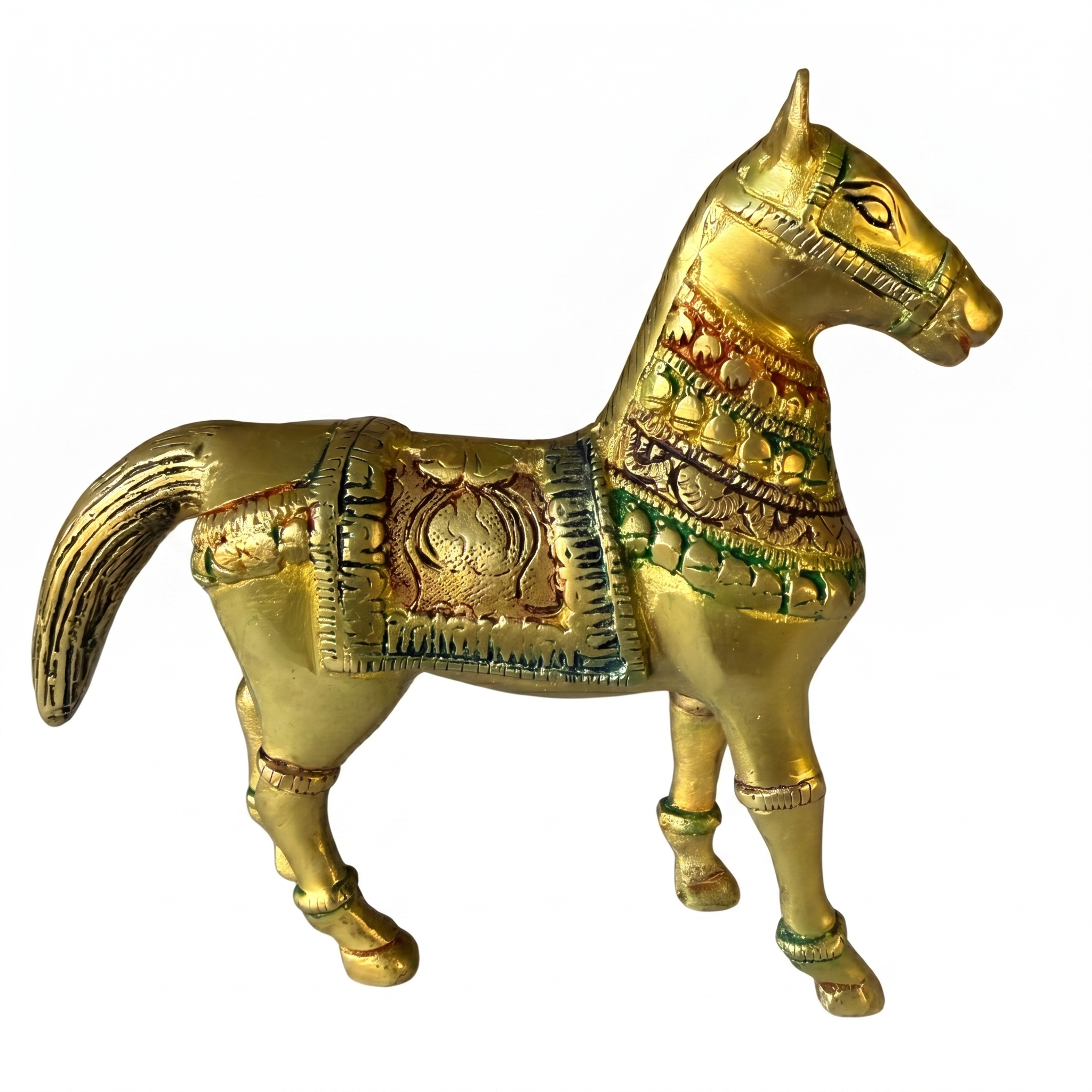 Svarn Studio Brass Horse Figurine, Antique Gold, Meenakari Detailing, Handcrafted, 13 x 12.5 cm, Vastu Showpiece for Home Décor