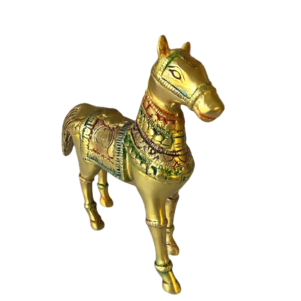 Svarn Studio Brass Horse Figurine, Antique Gold, Meenakari Detailing, Handcrafted, 13 x 12.5 cm, Vastu Showpiece for Home Décor
