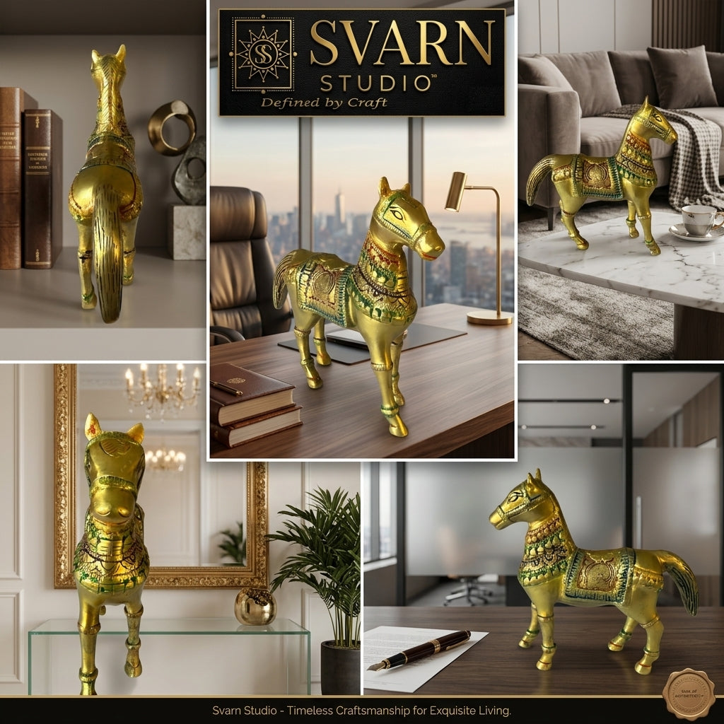 Svarn Studio Brass Horse Figurine, Antique Gold, Meenakari Detailing, Handcrafted, 13 x 12.5 cm, Vastu Showpiece for Home Décor