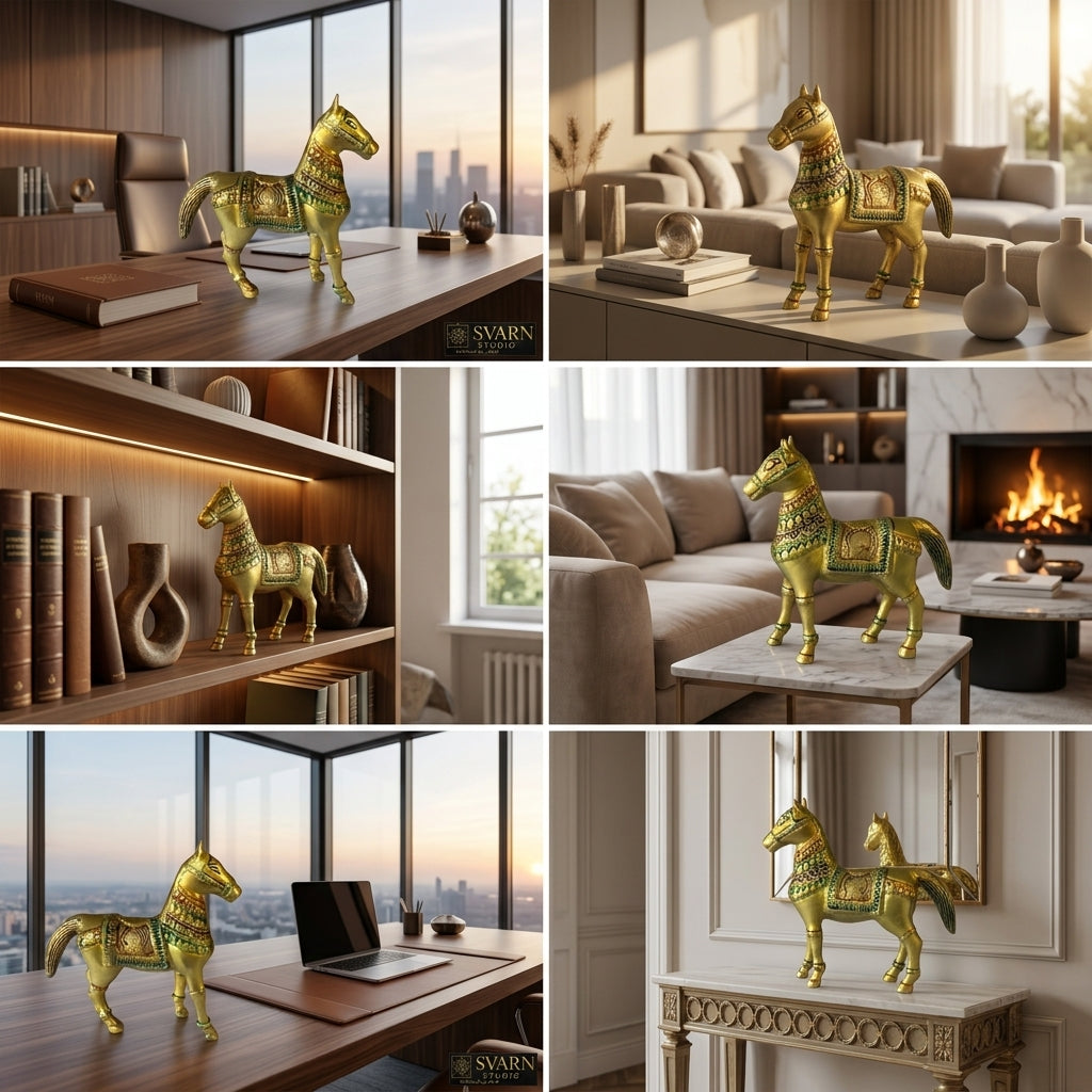 Svarn Studio Brass Horse Figurine, Antique Gold, Meenakari Detailing, Handcrafted, 13 x 12.5 cm, Vastu Showpiece for Home Décor