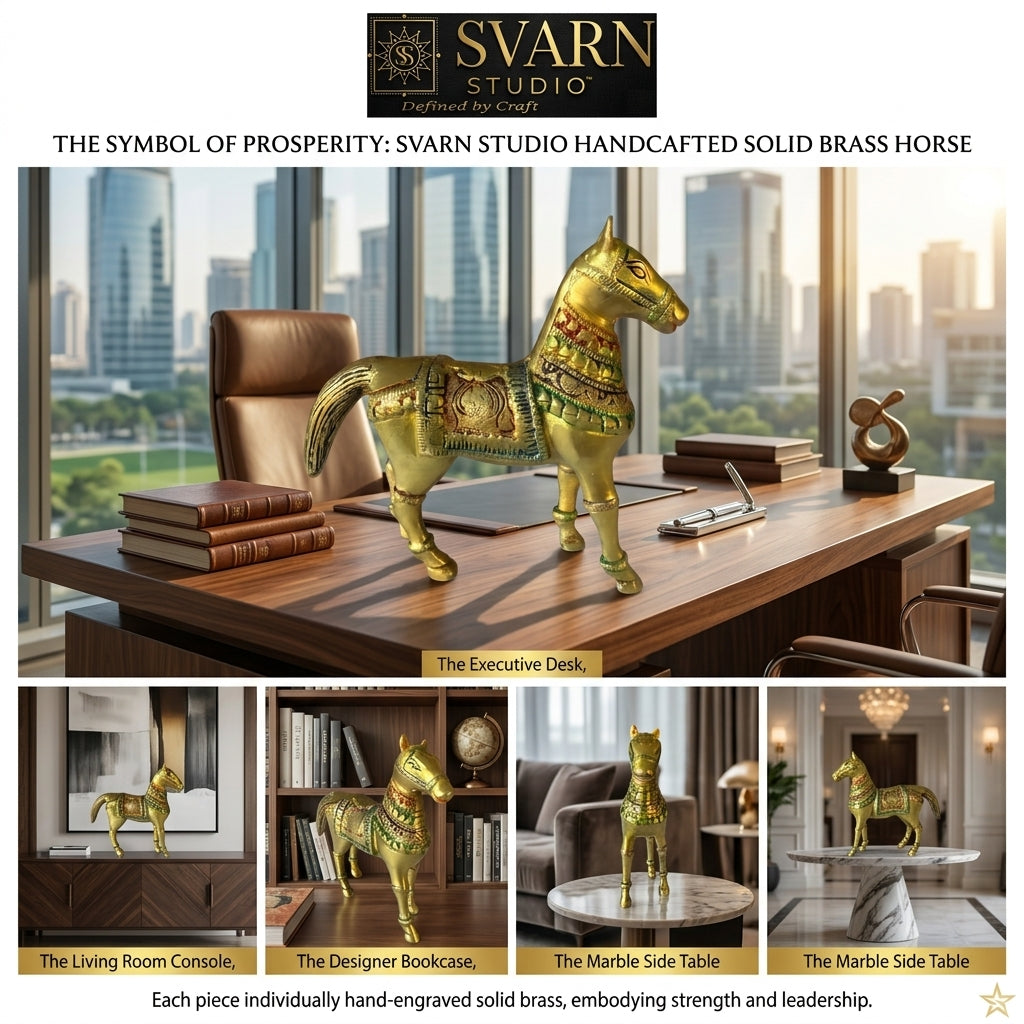 Svarn Studio Brass Horse Figurine, Antique Gold, Meenakari Detailing, Handcrafted, 13 x 12.5 cm, Vastu Showpiece for Home Décor