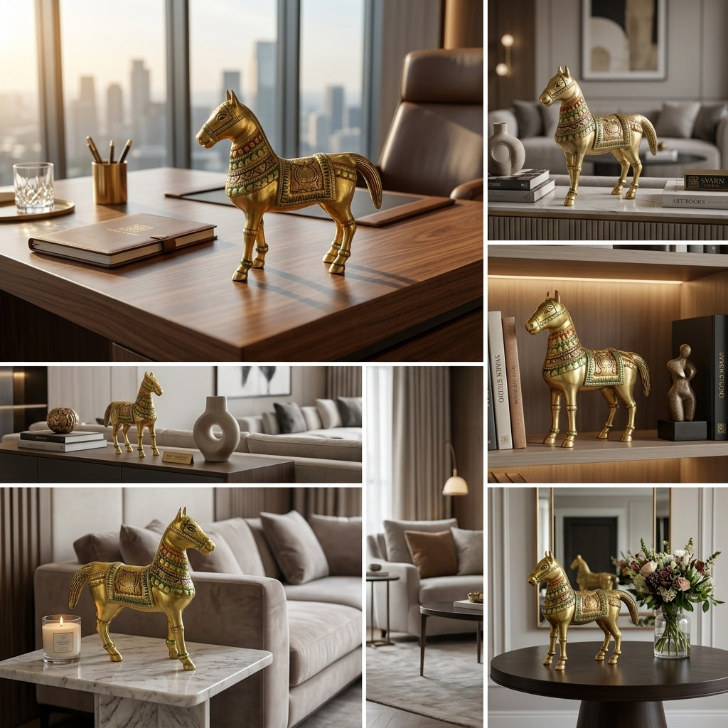 Svarn Studio Brass Horse Figurine, Antique Gold, Meenakari Detailing, Handcrafted, 13 x 12.5 cm, Vastu Showpiece for Home Décor