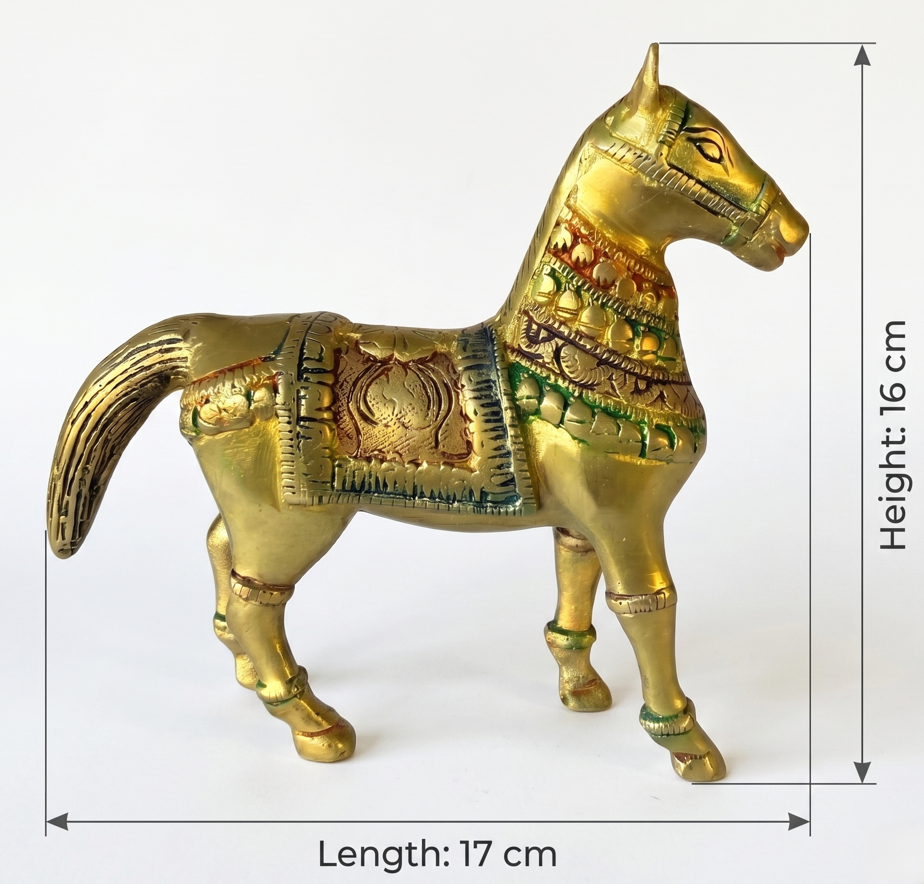 Svarn Studio Brass Horse Figurine, Antique Gold, Meenakari Detailing, Handcrafted, 13 x 12.5 cm, Vastu Showpiece for Home Décor