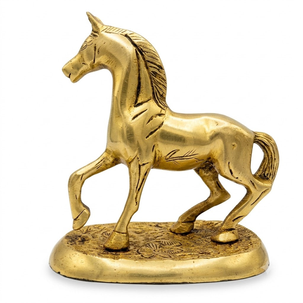 Svarn Studio Brass Horse - Back view showing intricate mane and engraved floral base