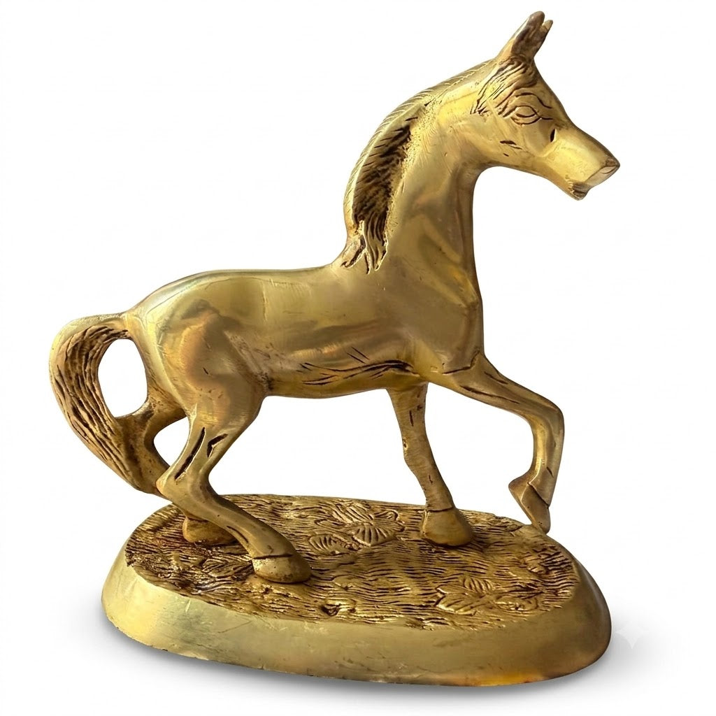 Svarn Studio Brass Horse - Lifestyle collage showing multiple room settings with dimensions