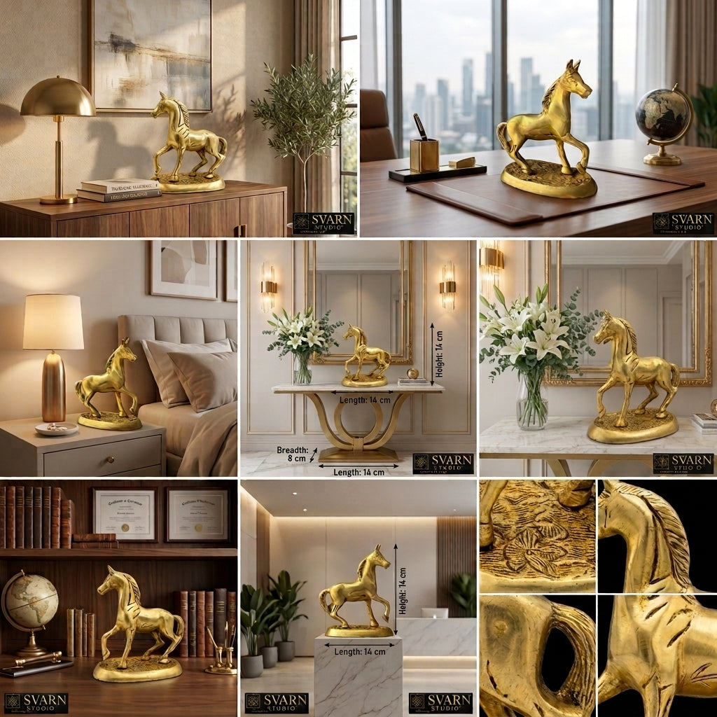 Svarn Studio Brass Horse - Multi-setting lifestyle collage with foyer and bedroom