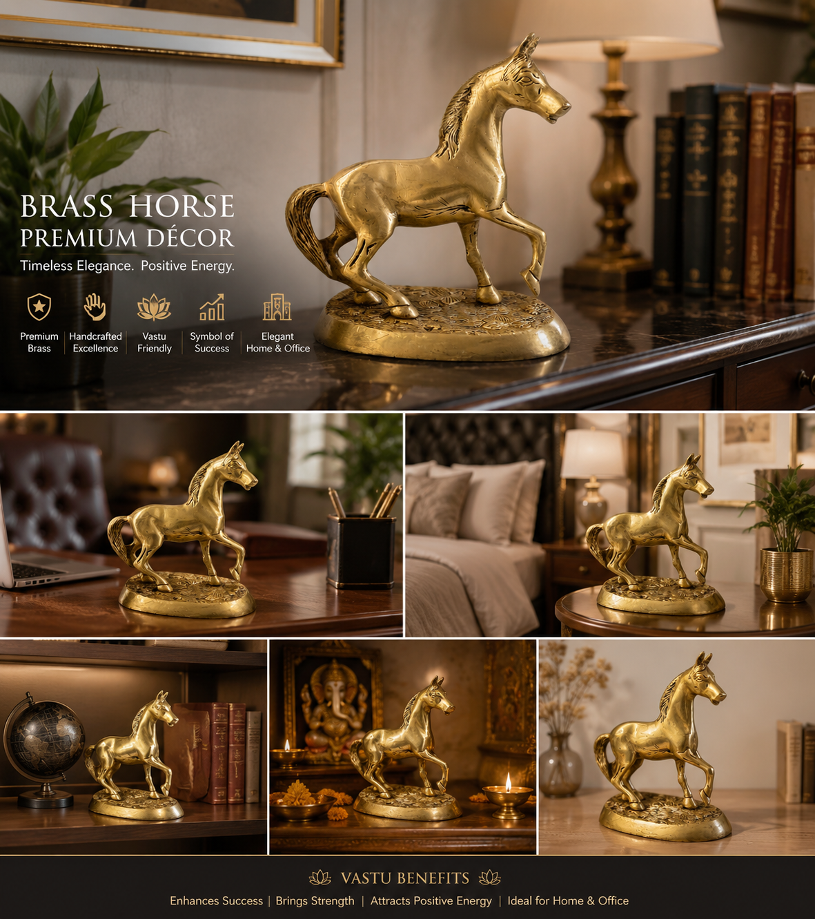 Svarn Studio Brass Horse - Side profile view on white background