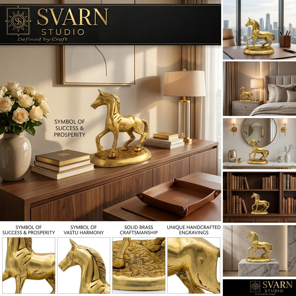 Svarn Studio Brass Horse - Front view showing full body and base detail