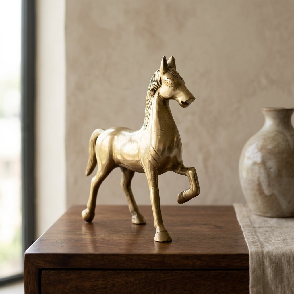 Svarn Studio Brass Running Horse Figurine | Yellow Gold Finish | Large Heavy Showpiece - Length: 20 x Height: 23 x Breadth:7 cm