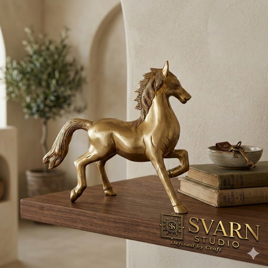 Svarn Studio Brass Running Horse Figurine | Yellow Gold Finish | Large Heavy Showpiece - Length: 20 x Height: 23 x Breadth:7 cm