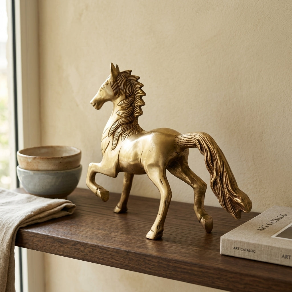 Svarn Studio Brass Running Horse Figurine | Yellow Gold Finish | Large Heavy Showpiece - Length: 20 x Height: 23 x Breadth:7 cm