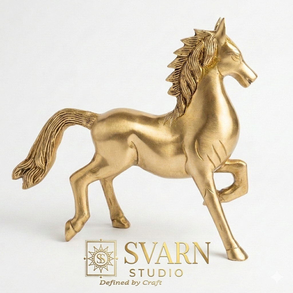 Svarn Studio Brass Running Horse Figurine | Yellow Gold Finish | Large Heavy Showpiece - Length: 20 x Height: 23 x Breadth:7 cm