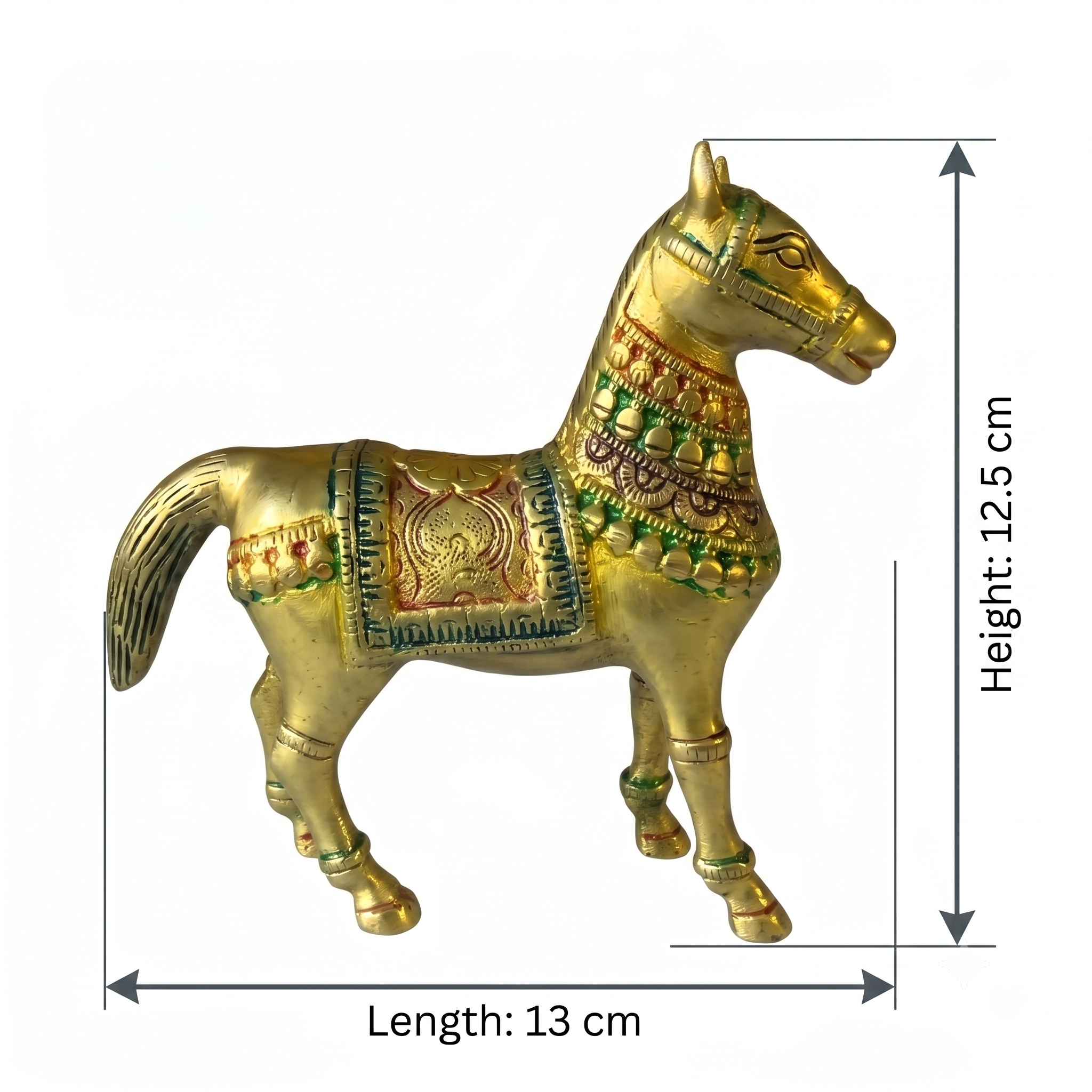 Svarn Studio Brass Horse Figurine, Antique Gold, Meenakari Detailing, Handcrafted, 13 x 12.5 cm, Vastu Showpiece for Home Décor