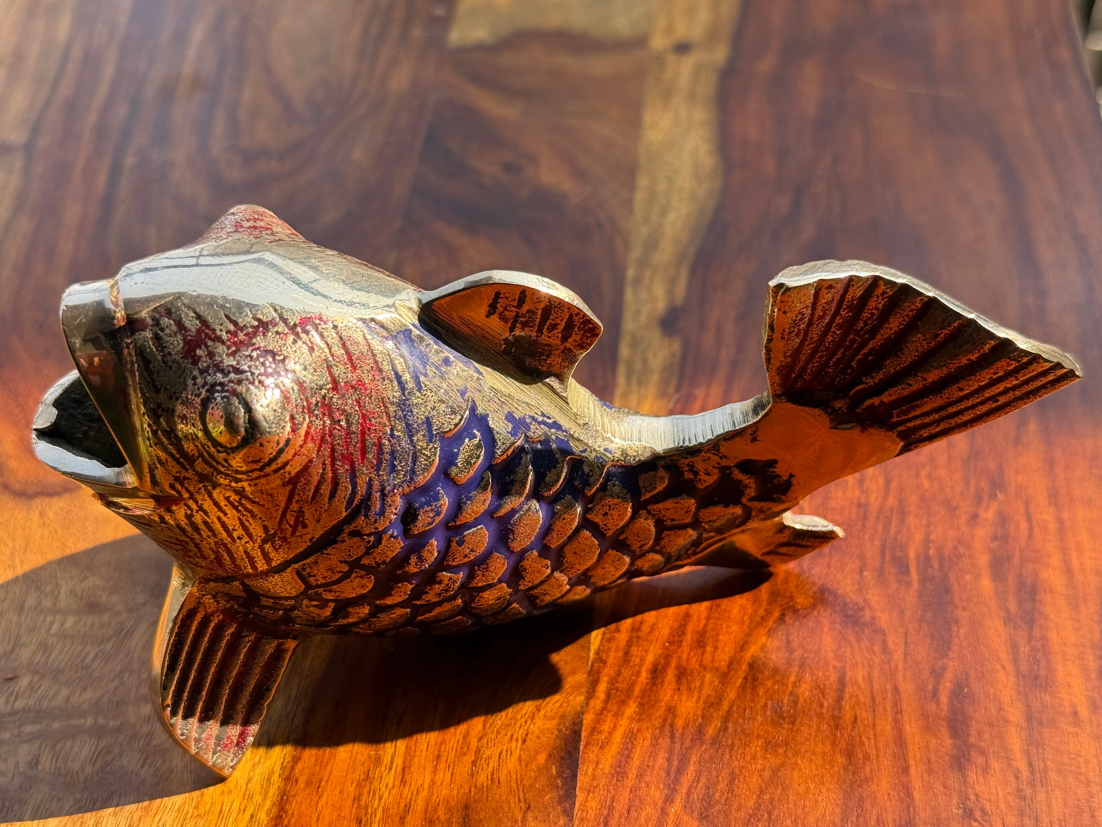 Svarn Studio pure brass Meenakari fish showpiece handcrafted blue gold enamel figurine auspicious home decor