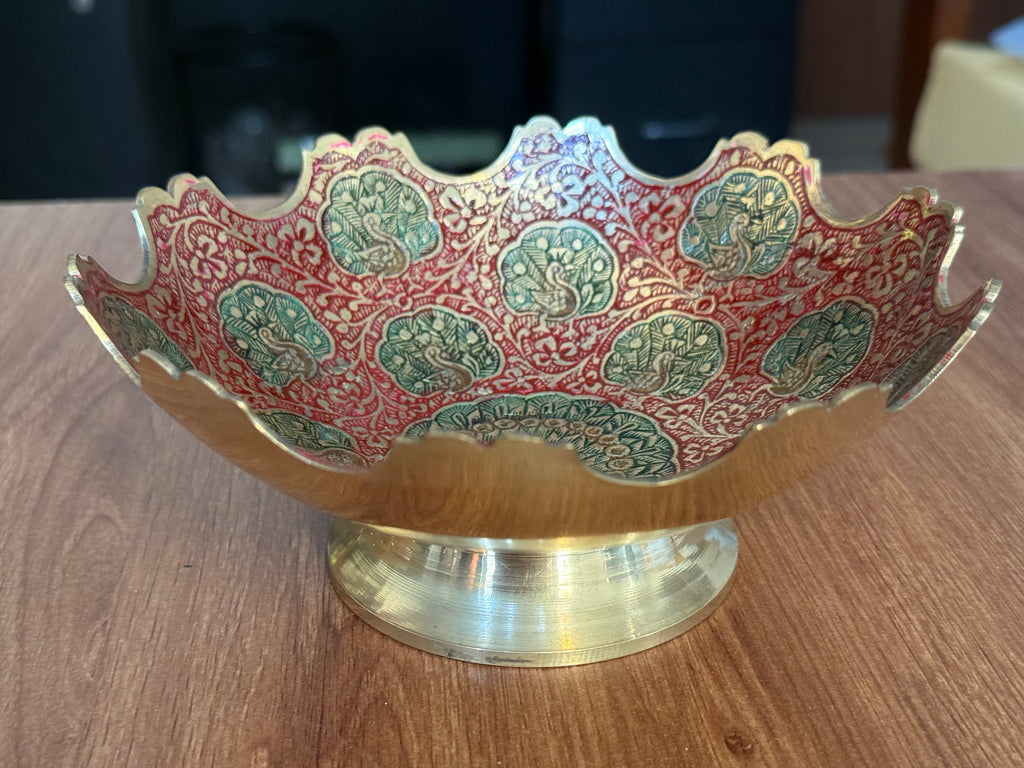 Pure Brass Meenakari Multi-Purpose Bowl – Handcrafted Peacock Enamel Footed Bowl