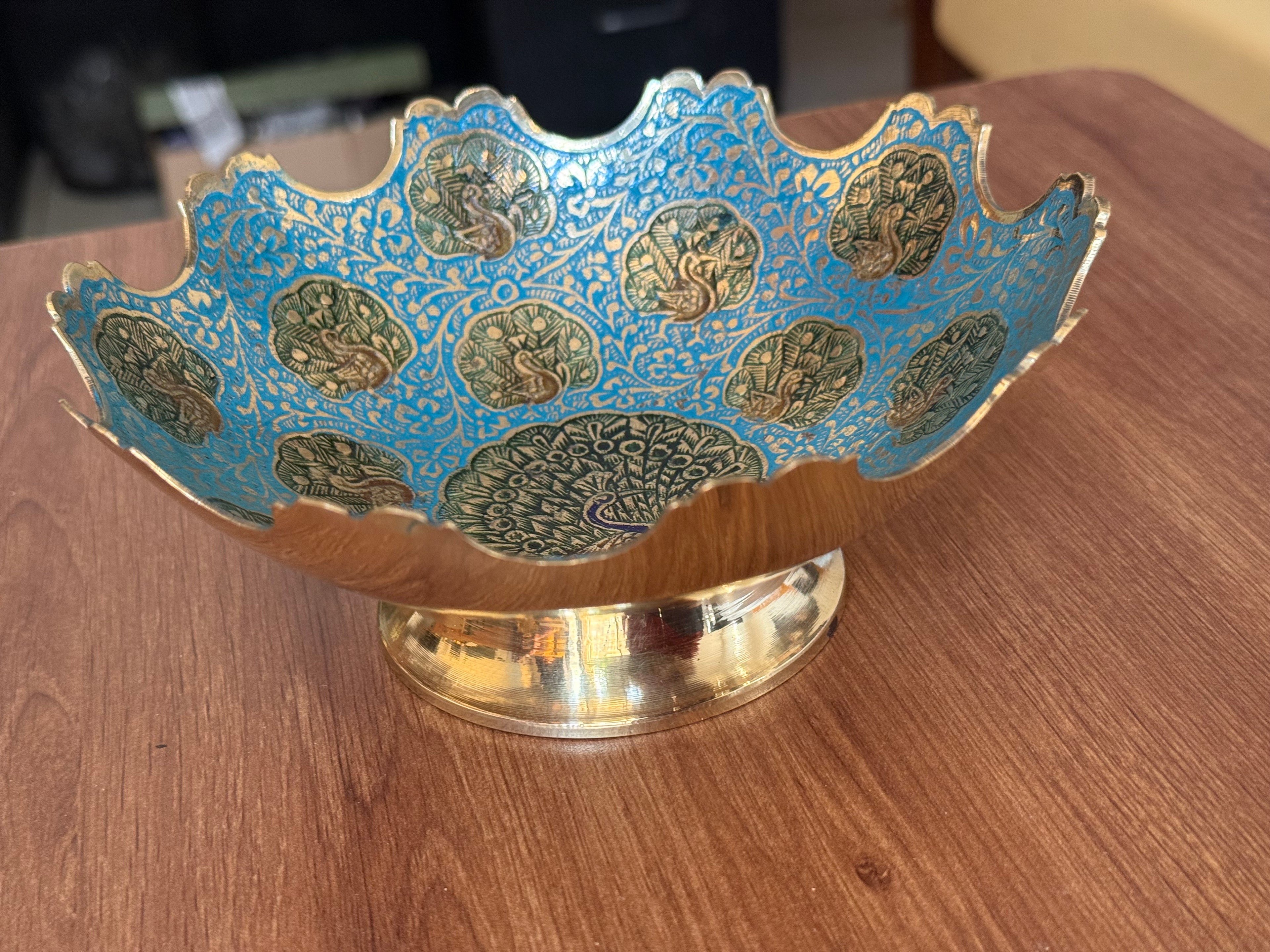 Pure Brass Meenakari Multi-Purpose Bowl – Handcrafted Peacock Enamel Footed Bowl