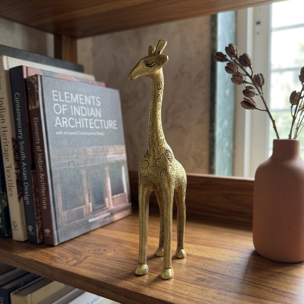 Svarn Studio Brass Standing Giraffe Figurine | Paisley & Circle Engraving | Gold | 28 cm