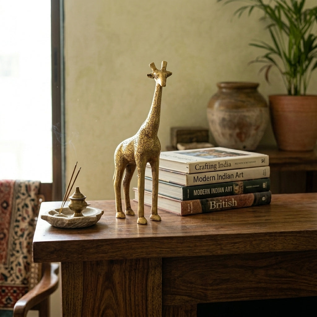 Svarn Studio Brass Standing Giraffe Figurine | Paisley & Circle Engraving | Gold | 28 cm