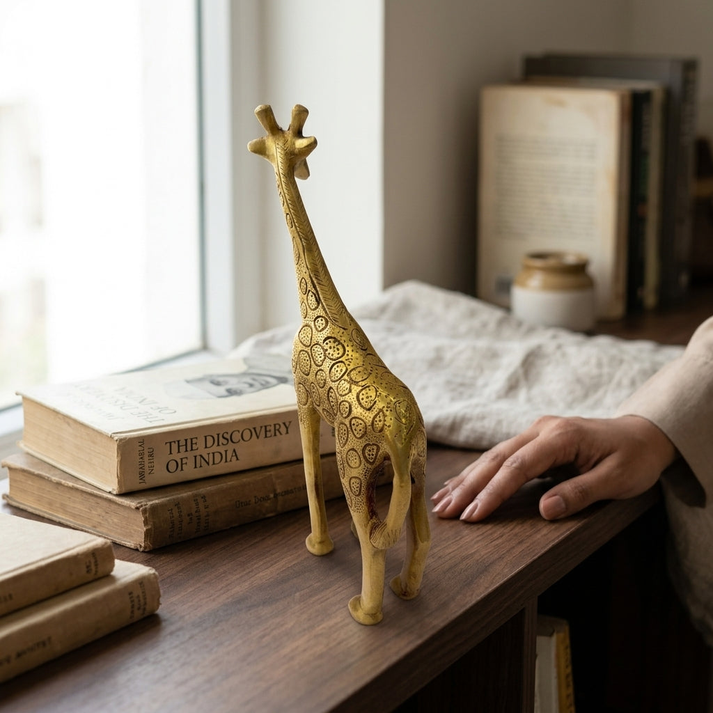 Svarn Studio Brass Standing Giraffe Figurine | Paisley & Circle Engraving | Gold | 28 cm