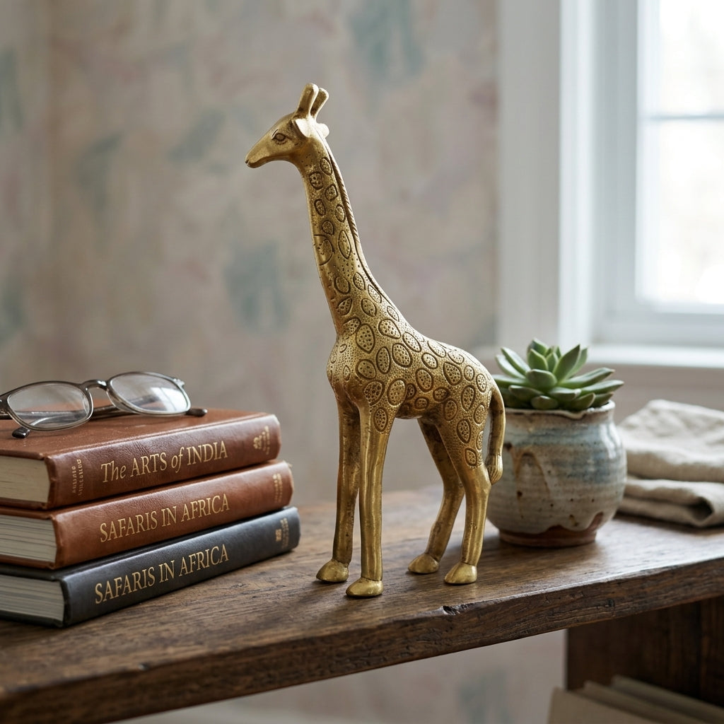 Svarn Studio Brass Standing Giraffe Figurine | Paisley & Circle Engraving | Gold | 28 cm