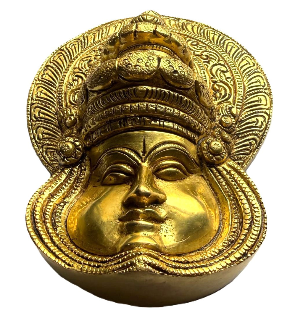 Svarn Studio Pure Brass Kathakali Face Wall Decor - Lifestyle collage showing luxury living room and hotel lobby settings