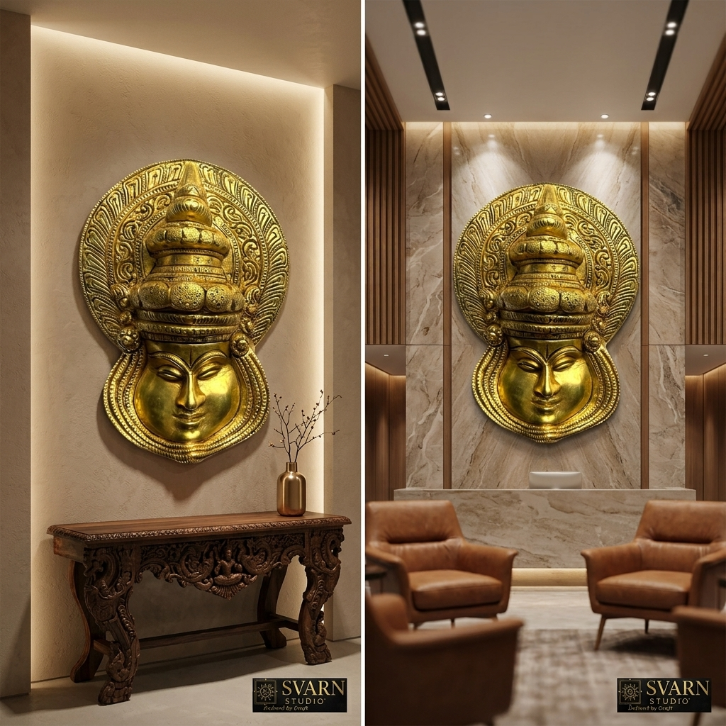 Svarn Studio Pure Brass Kathakali Face Wall Decor - Measurement diagram showing 11cm length and 13.5cm height