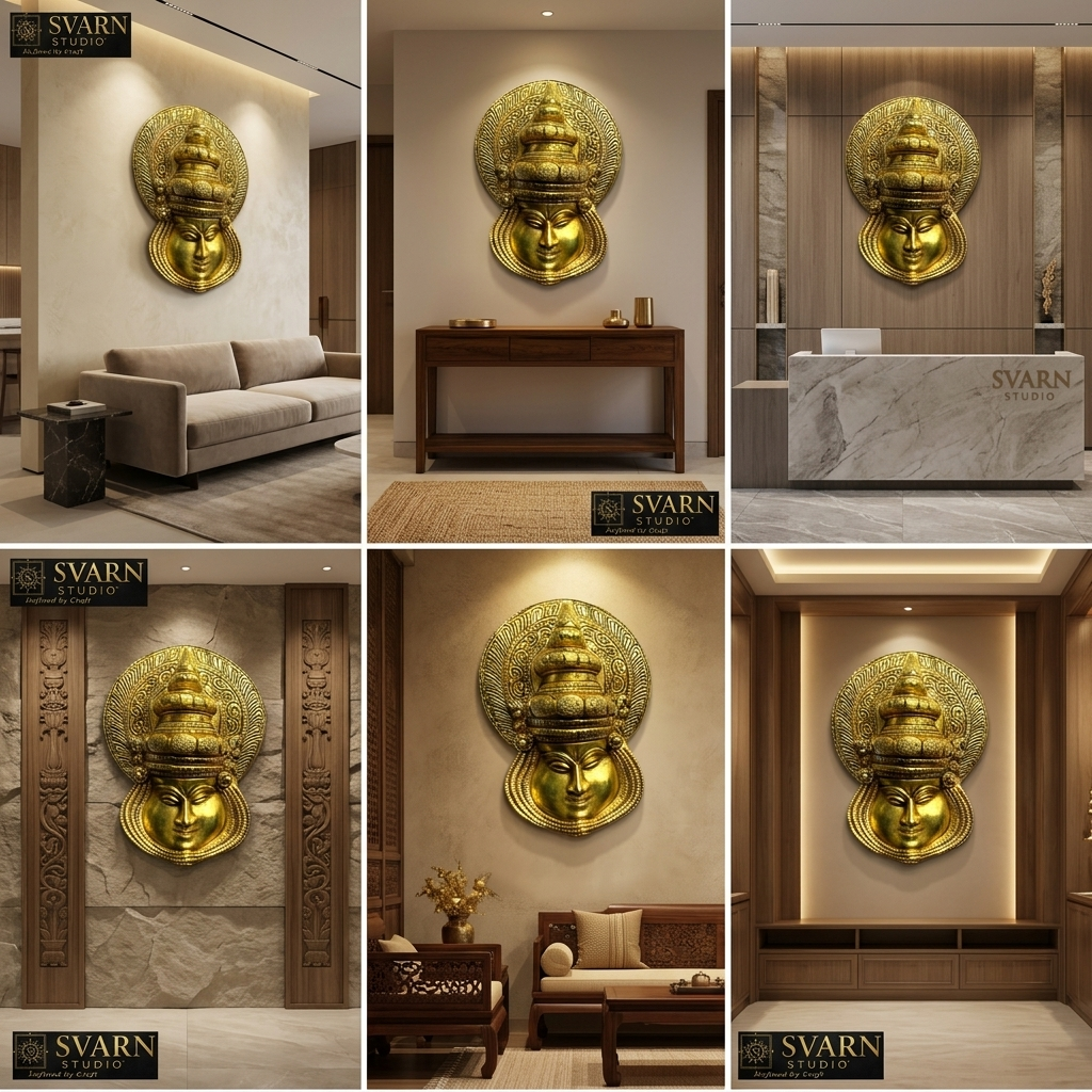 Svarn Studio Pure Brass Kathakali Face Wall Decor - Front view on white background showing full detail