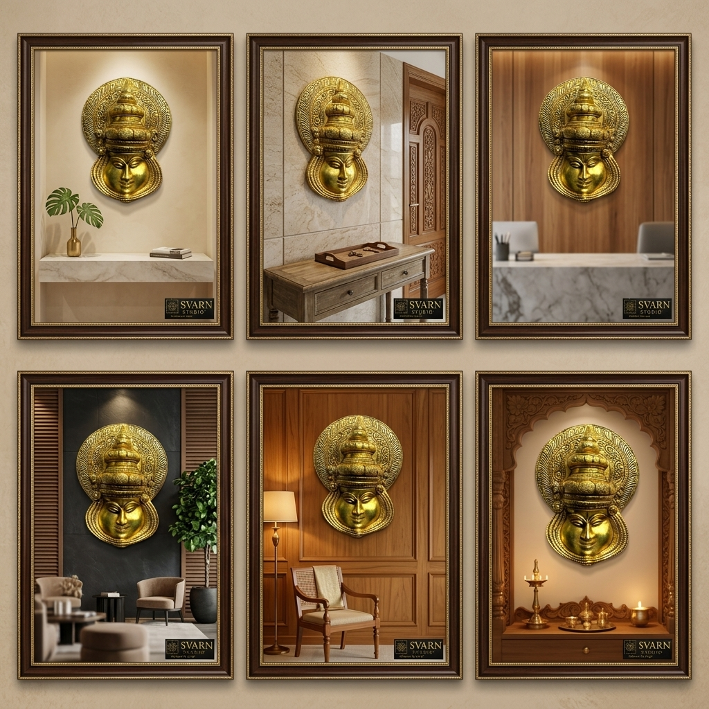 Svarn Studio Pure Brass Kathakali Face Wall Decor - Three-quarter angle view on white background