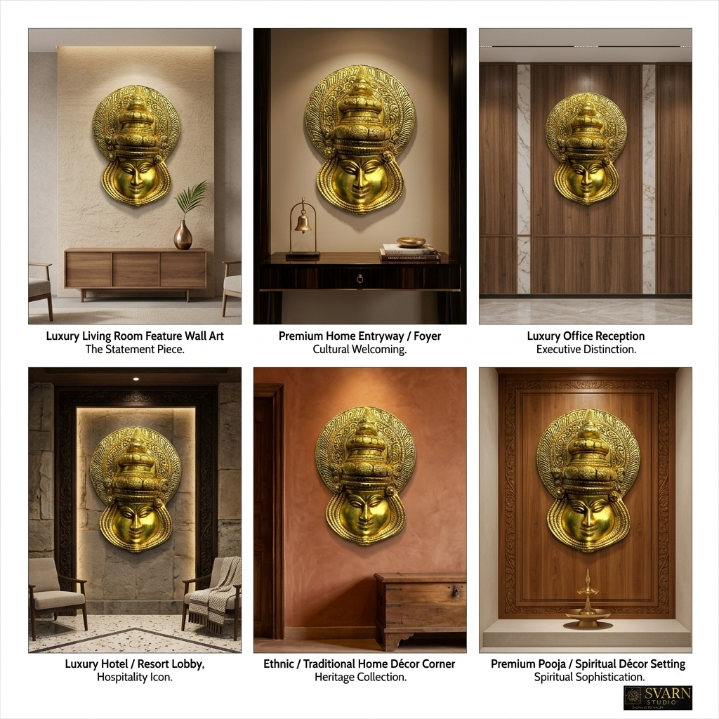 Svarn Studio Pure Brass Kathakali Face Wall Decor - Side profile view on white background