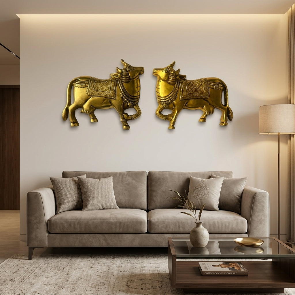 Brass Kaamdhenu Cow Wall Hanging | Set of 2 | Handcrafted Antique Gold | Vastu Home Décor
